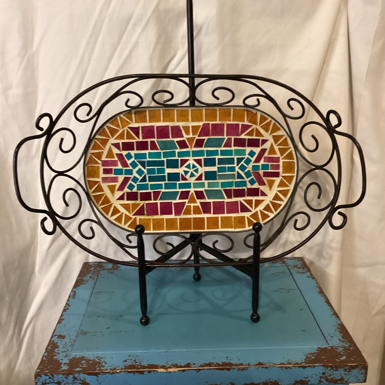 Southwestern Mosaic Metal Basket 14.5” Long  8 7/8” W3” Colorful Tiles