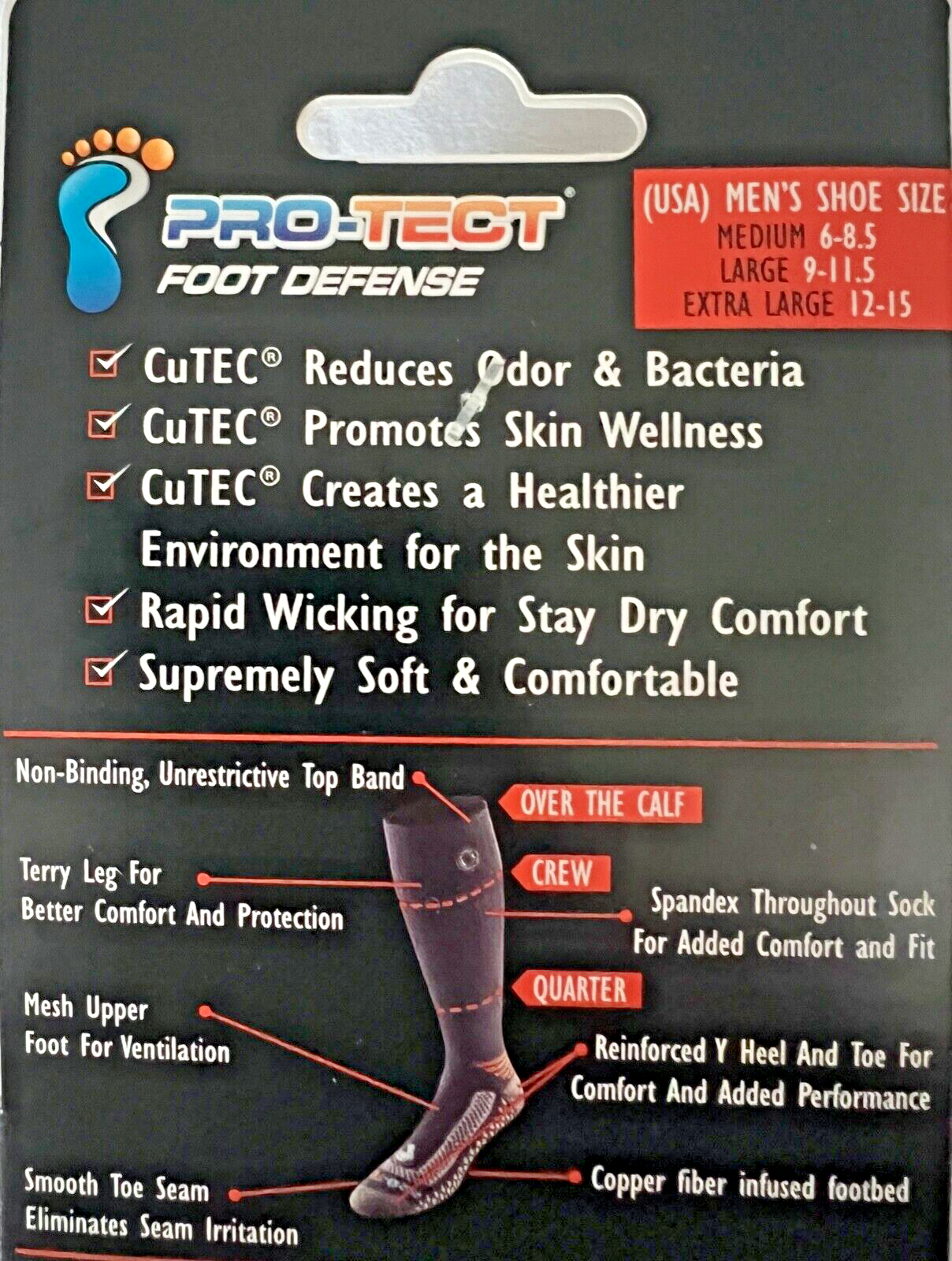 PRO-TECT FOOT DEFENSE 2-PR QUARTER STYLE 62% MERINO WOOL SZ MD FIT 6-8.5 SHOE