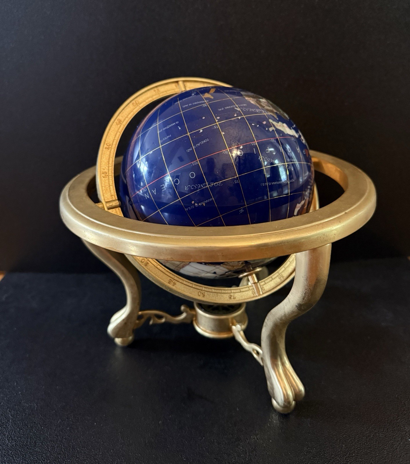 Blue Lapis Tabletop Globe, Rotating, compass, Gold-Finish tripod Base