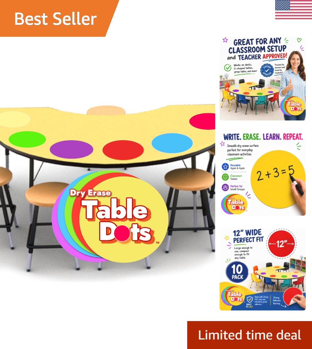 Vibrant 12-Inch Classroom Table Dots - 10 Count Dry Erase Stickers for Learning