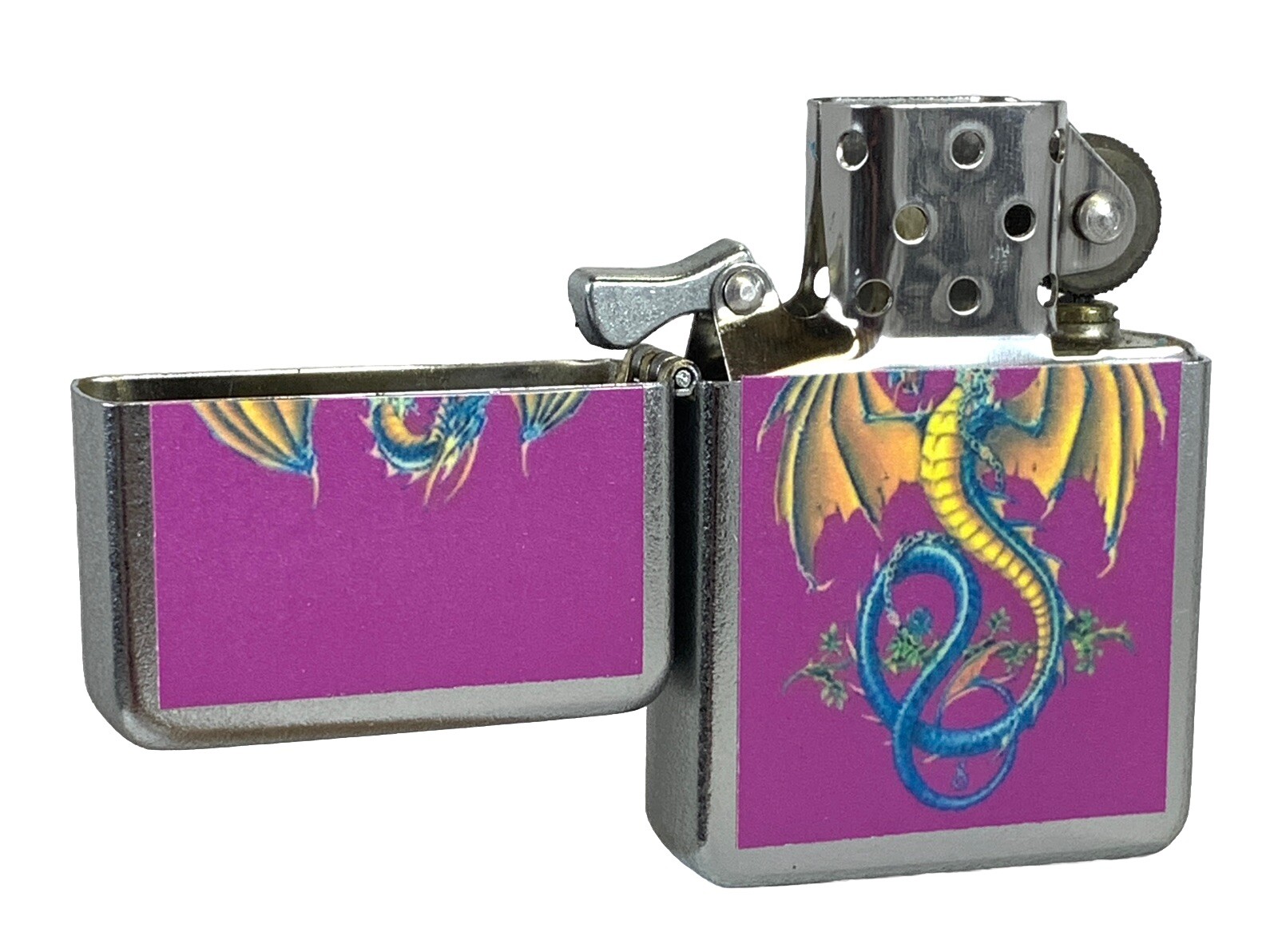 Mythical Dragon On Pink Background Flip Top Chrome Oil Lighter Wind Resistant