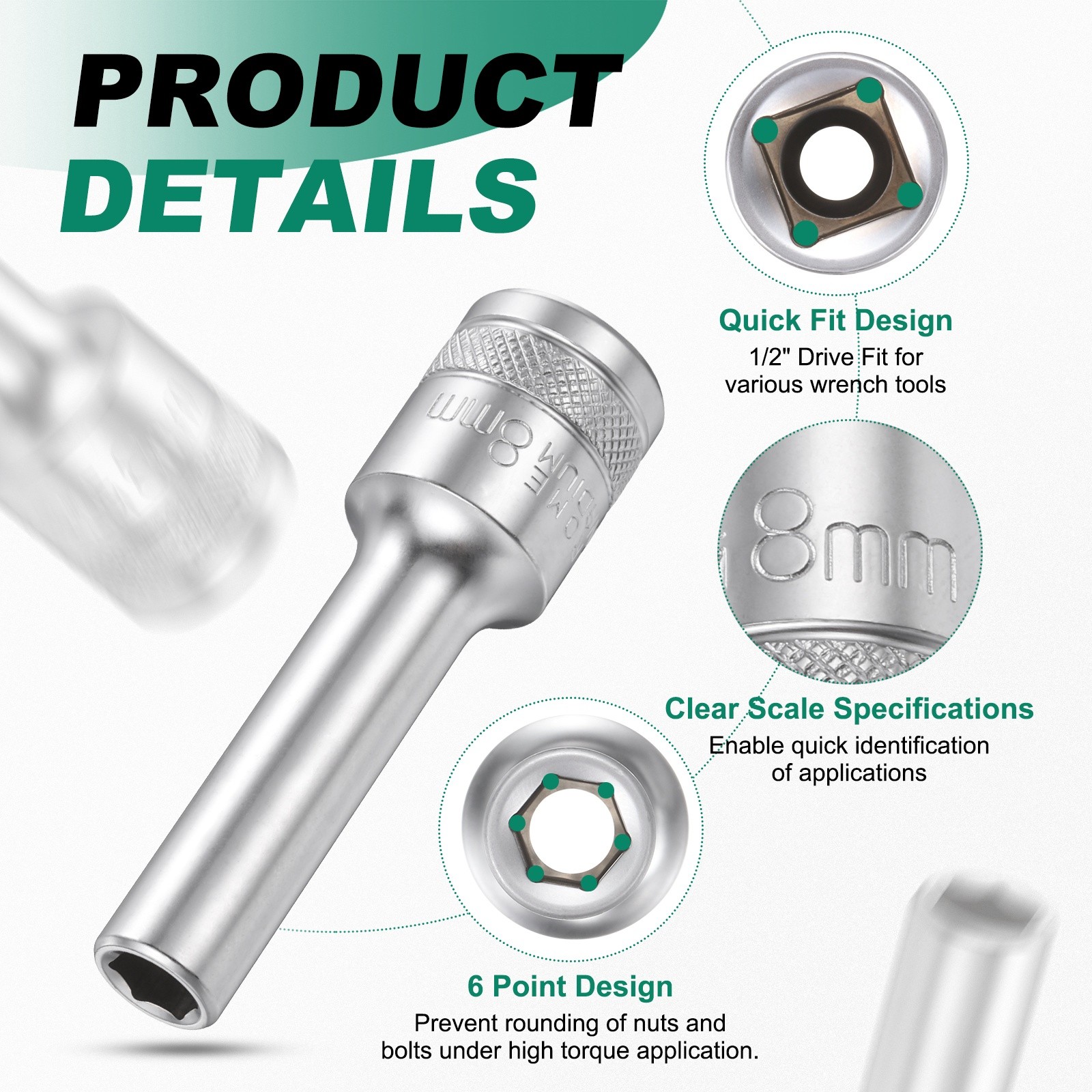 2pcs 6 Points Deep Socket 1/2" Drive 8mm Nickel Plating Hex Socket 3.1" Long