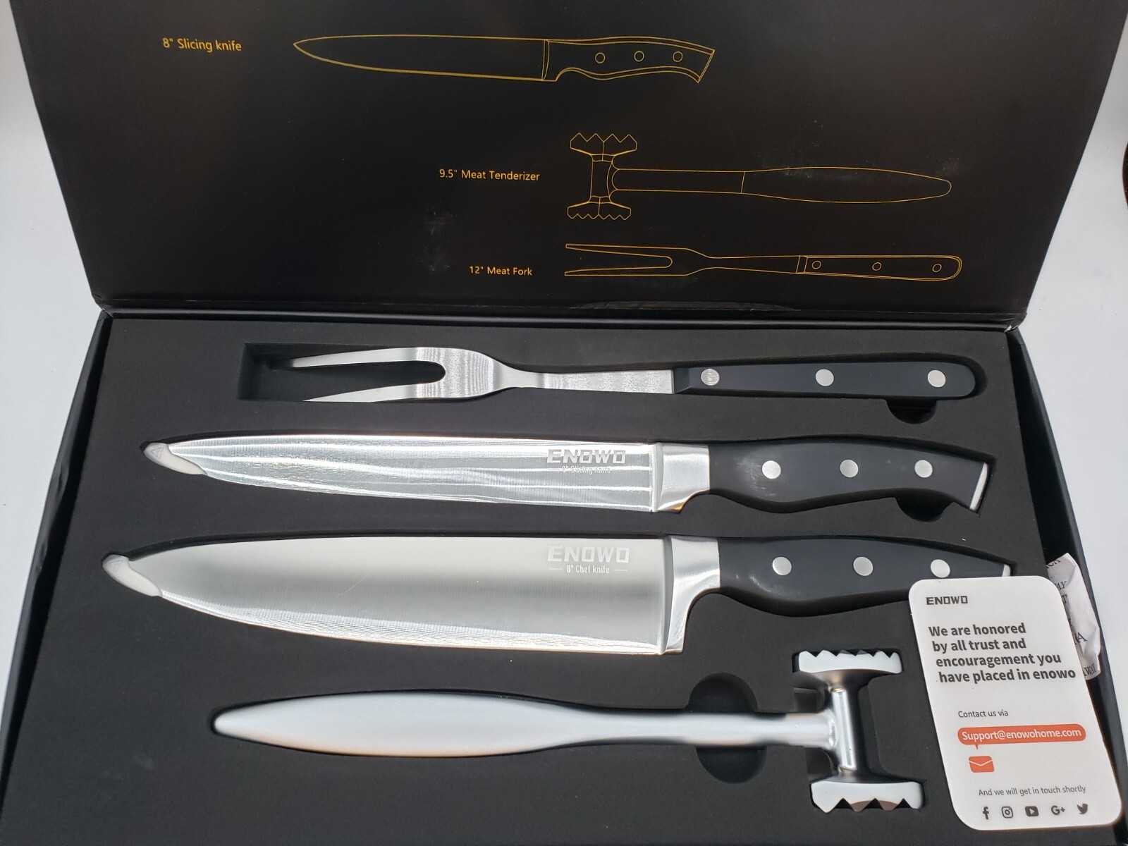 kitchen knife set 4 pieces Enowo Chef,slicing Knife, Meat Fork/Meat Tenderizer