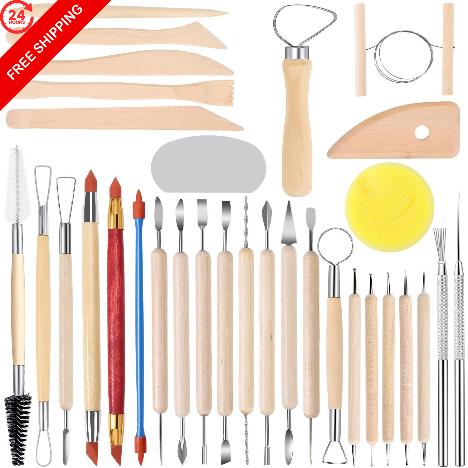 SHENOMAD 32PCS Clay Tools Sculpting Pottery Ceramics Polymer medium, beige