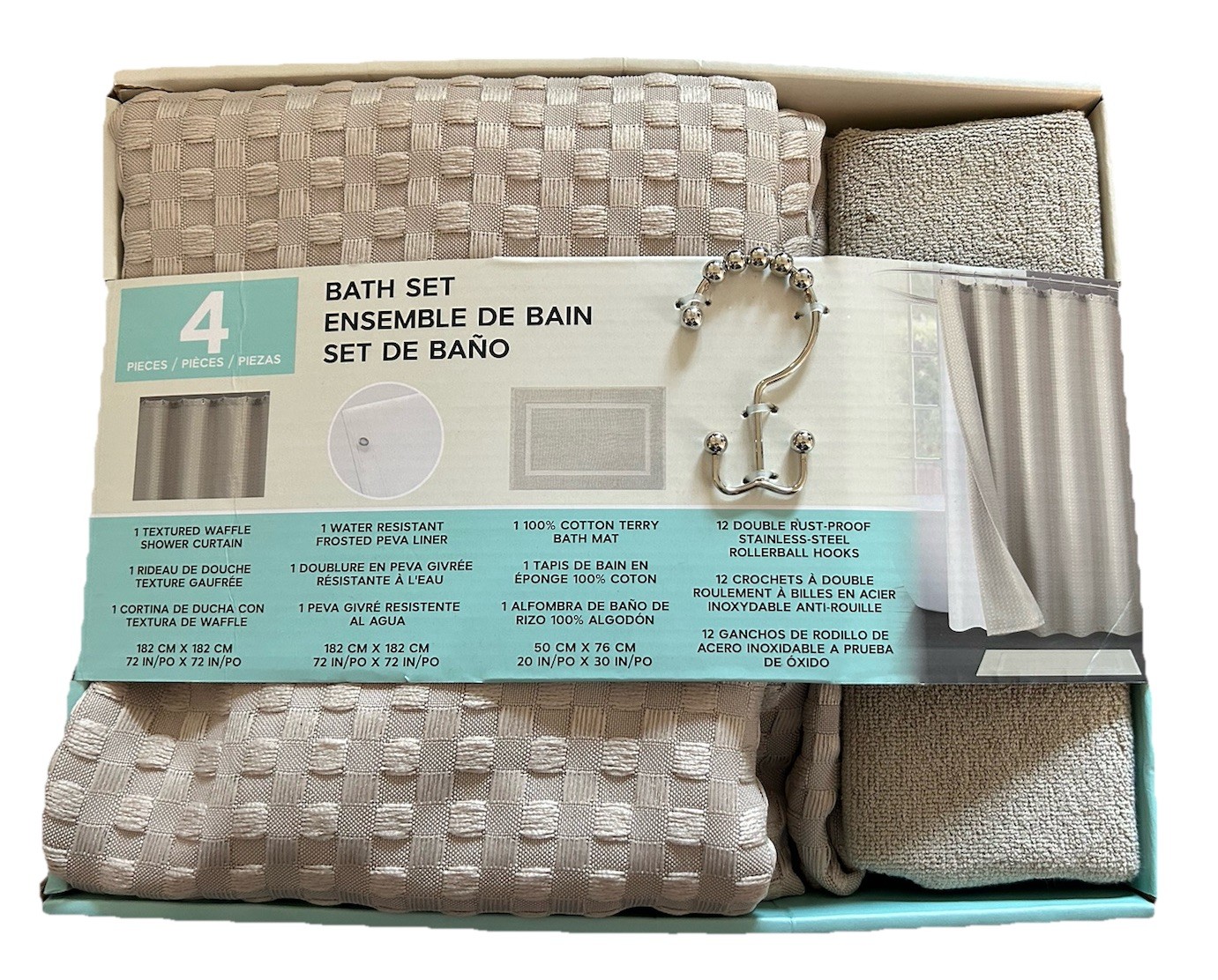4 Pc Bath Set - Curtain, Liner, Hooks, And Bath Mat - Taupe
