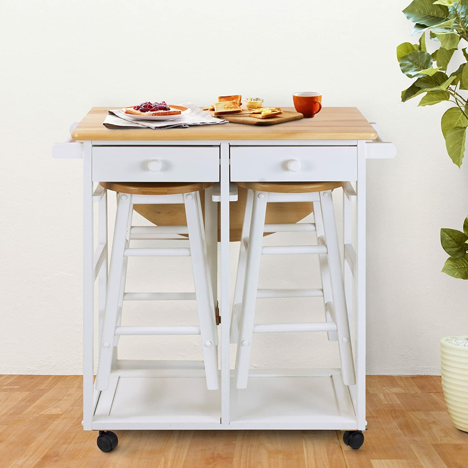 White Wooden Kitchen Breakfast Cart Set Dining Table Stools Rolling Island Pub