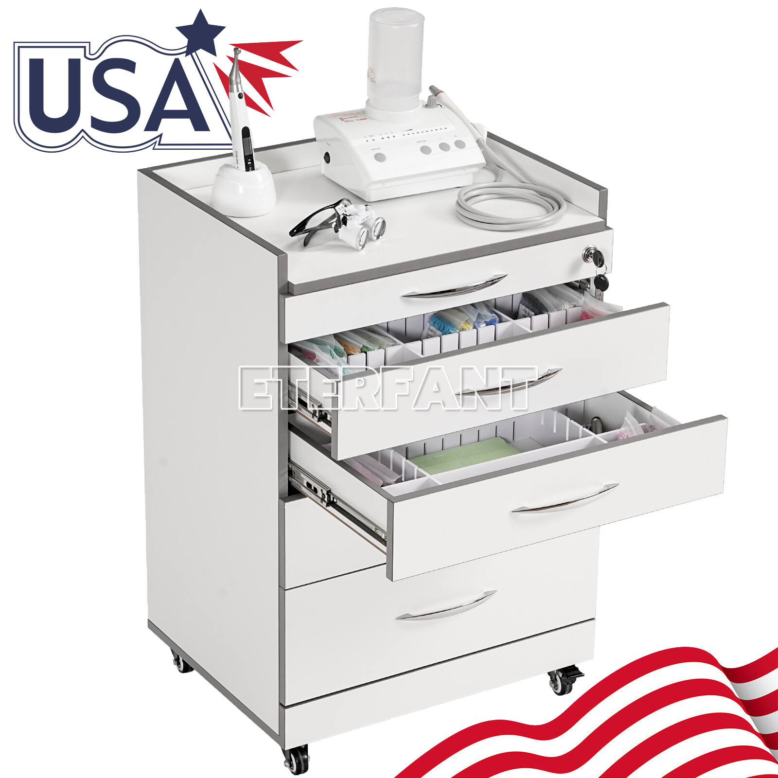 Dental Trolley Cart with Socket/Cart Acrylic Mobile Wooden Cabinet 4/5Drawers US