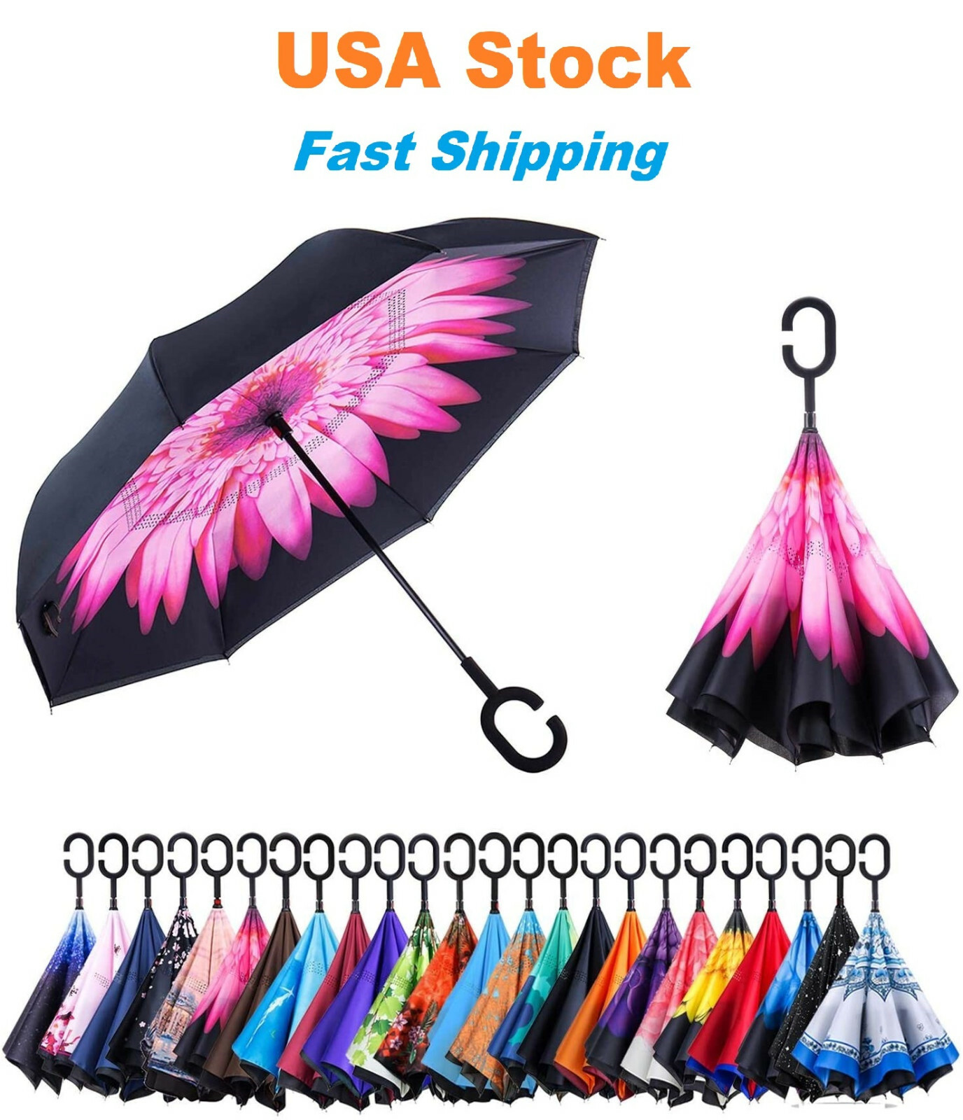 C-Handle Inverted Reverse Umbrella, Flower print (Inside-out, Upside-down)