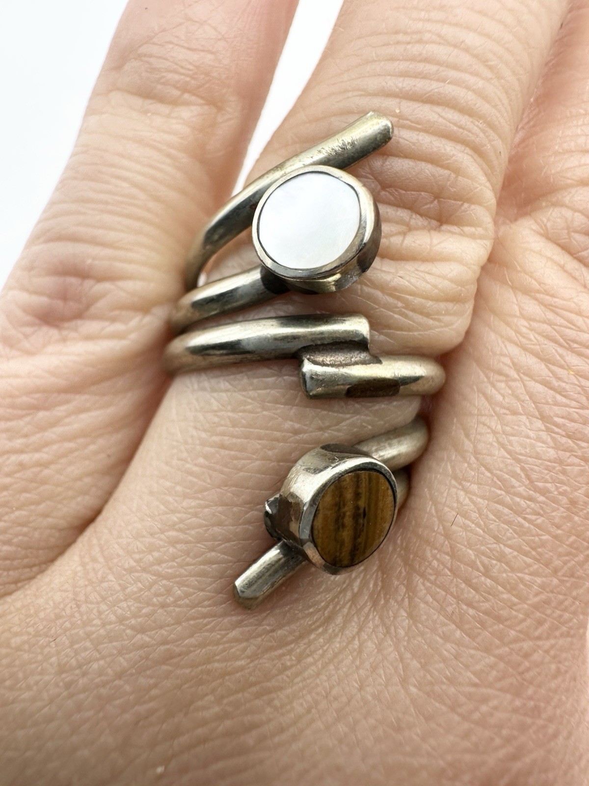Artisan Handmade Mother Of Pearl Tiger’s Eye Wrap Ring Size 5.5