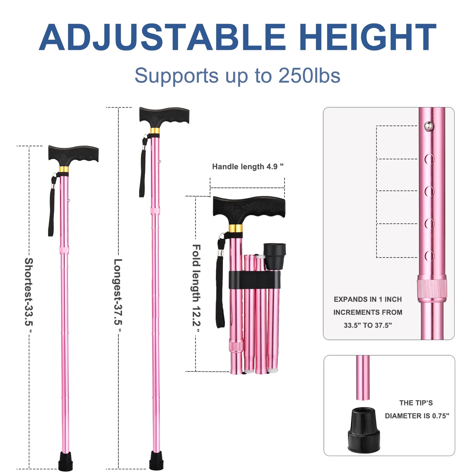 Foldable Walking Cane w/ 2 Replaceable Non Slip Rubber Tip Balancing Stick Aid
