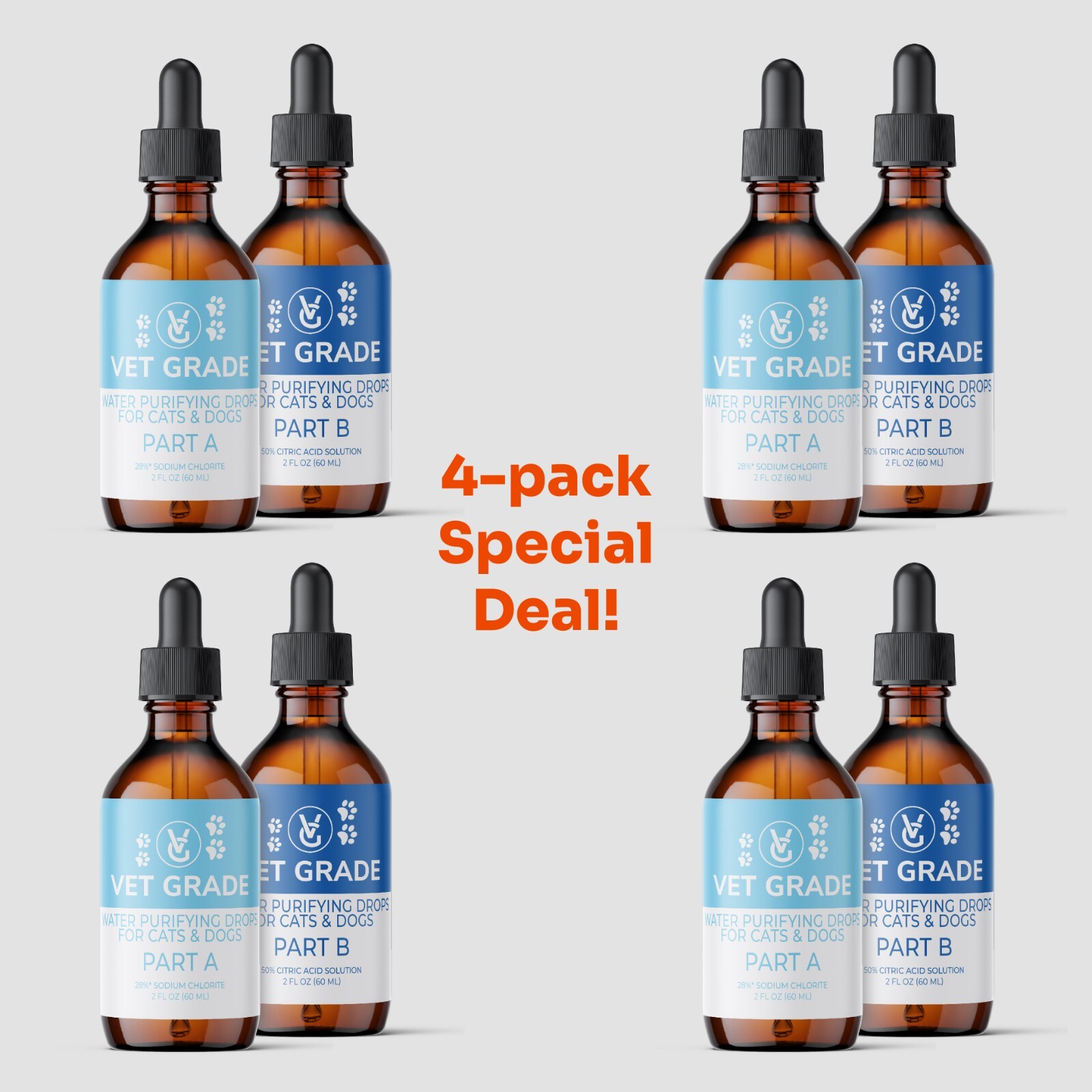 (4-Pack 2oz Glass) Veterinary Grade Water Purification Drops for Cats & Dogs