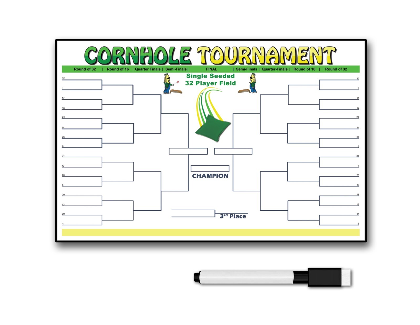 32 CORNHOLE TOURNAMENT BRACKET SINGLE ELIMINATION SEEDED +PEN REUSABLE BAG TOSS