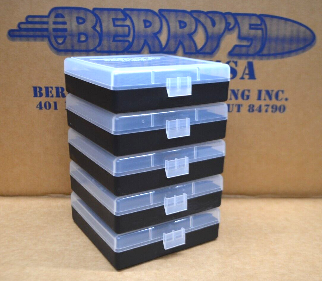 9 mm / 380 - (5) x 100 round ammo case / box (CLEAR / BLACK) Berrys mfg 9 mm NEW