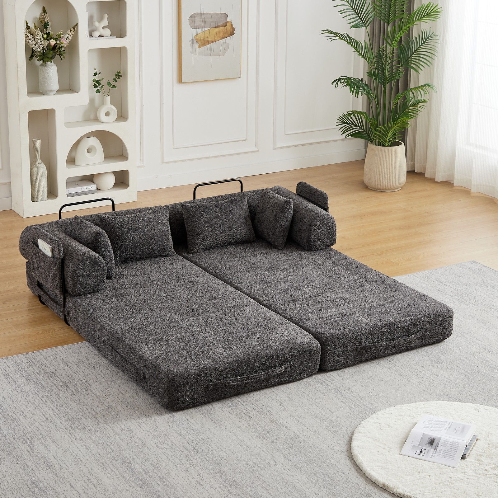 78.7" Convertible Sleeper Sofa Bed w/Cylindrical Pillow, Folding Sofa Bed Grey