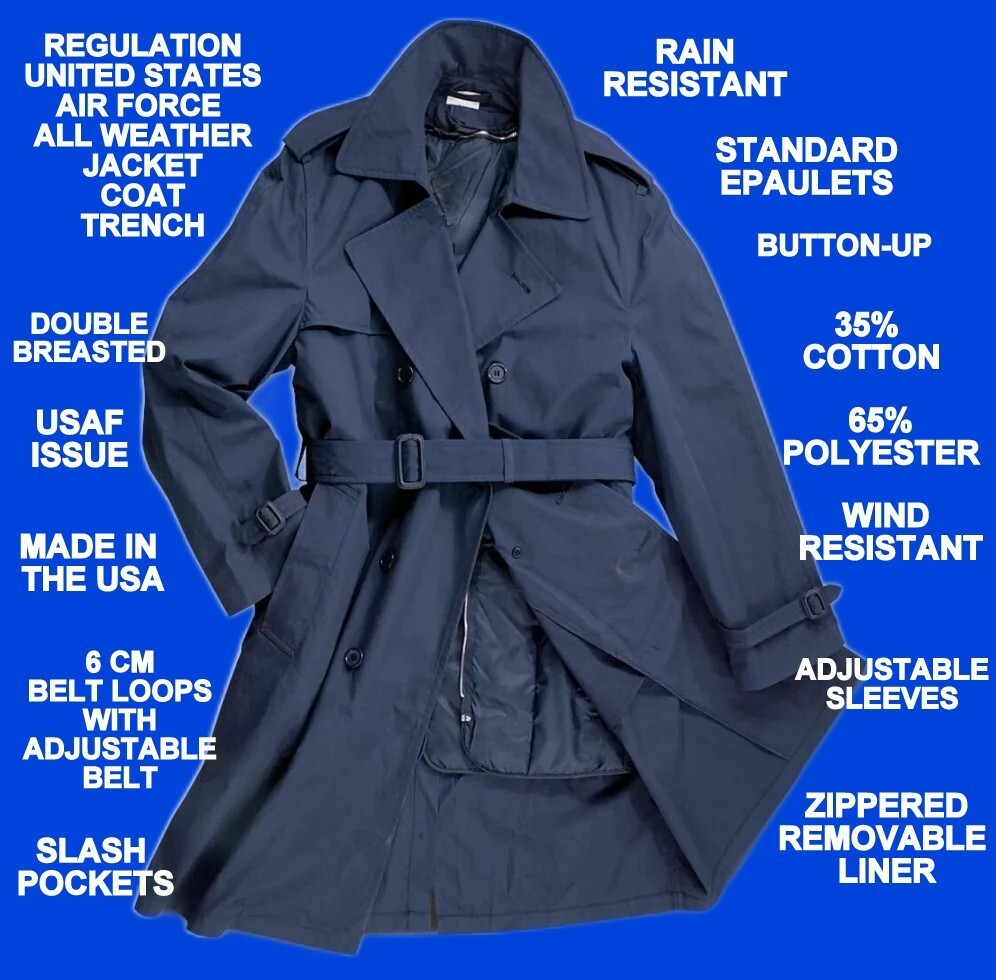 MENS Air Force USAF BLUE Trench Overcoat All Weather Jacket W LINER ALL SIZES