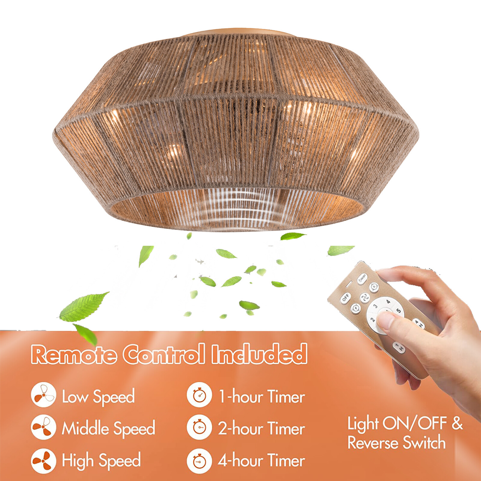 Boho Ceiling Fan Rattan Caged Flush Mount Fan Light +Remote Control Ceiling Fan