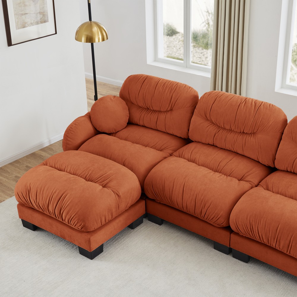 Orange L-Shape Sectional Sofa w/ Ottoman & Throw Pillows, Modular Chenille Couch