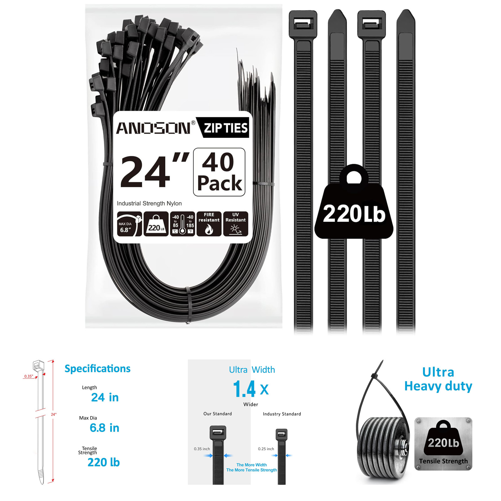 Heavy Duty Zip Ties 24 Inch Black 40 Pack High Tensile Strength Indoor Outdoor