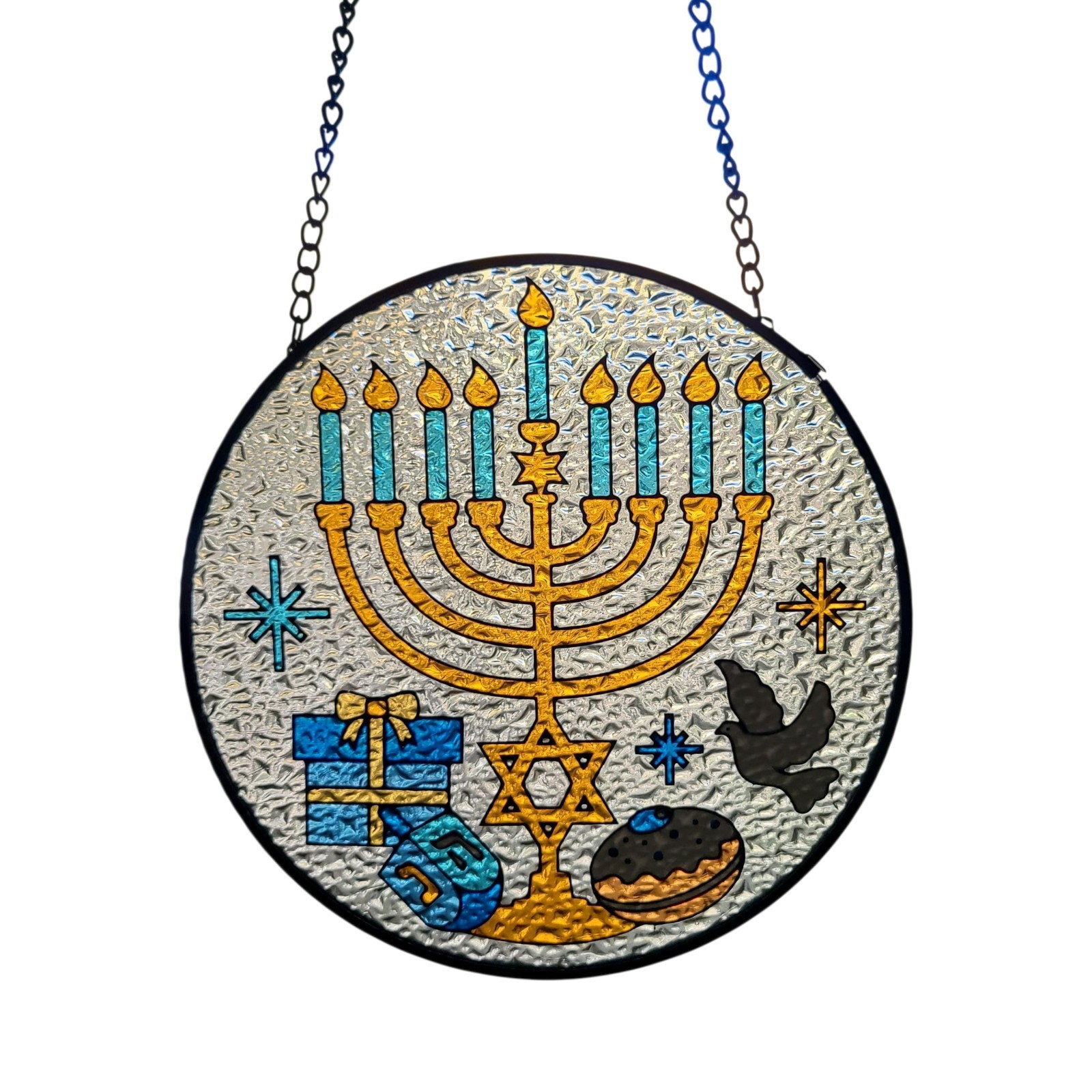 Painted Textured Glass Suncatcher Menorah Judaica Hanukkah Judaica Decor 6.5" D
