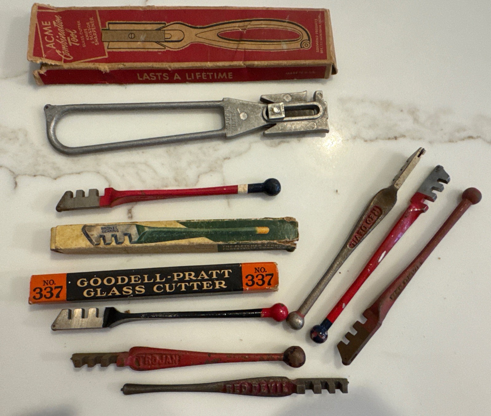 Lot Of 8 Vintage Glass Cutters. Red Devil, Trojan, Goodell-Pratt, Acme, Fletcher