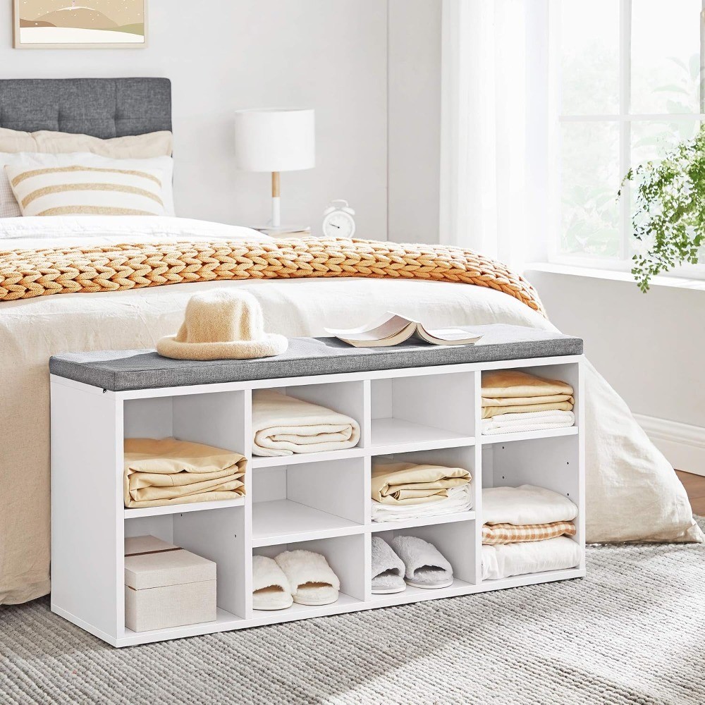 Shoe Bench with Padded Seat Storage Entryway Bench 10 Compartments Cloud White