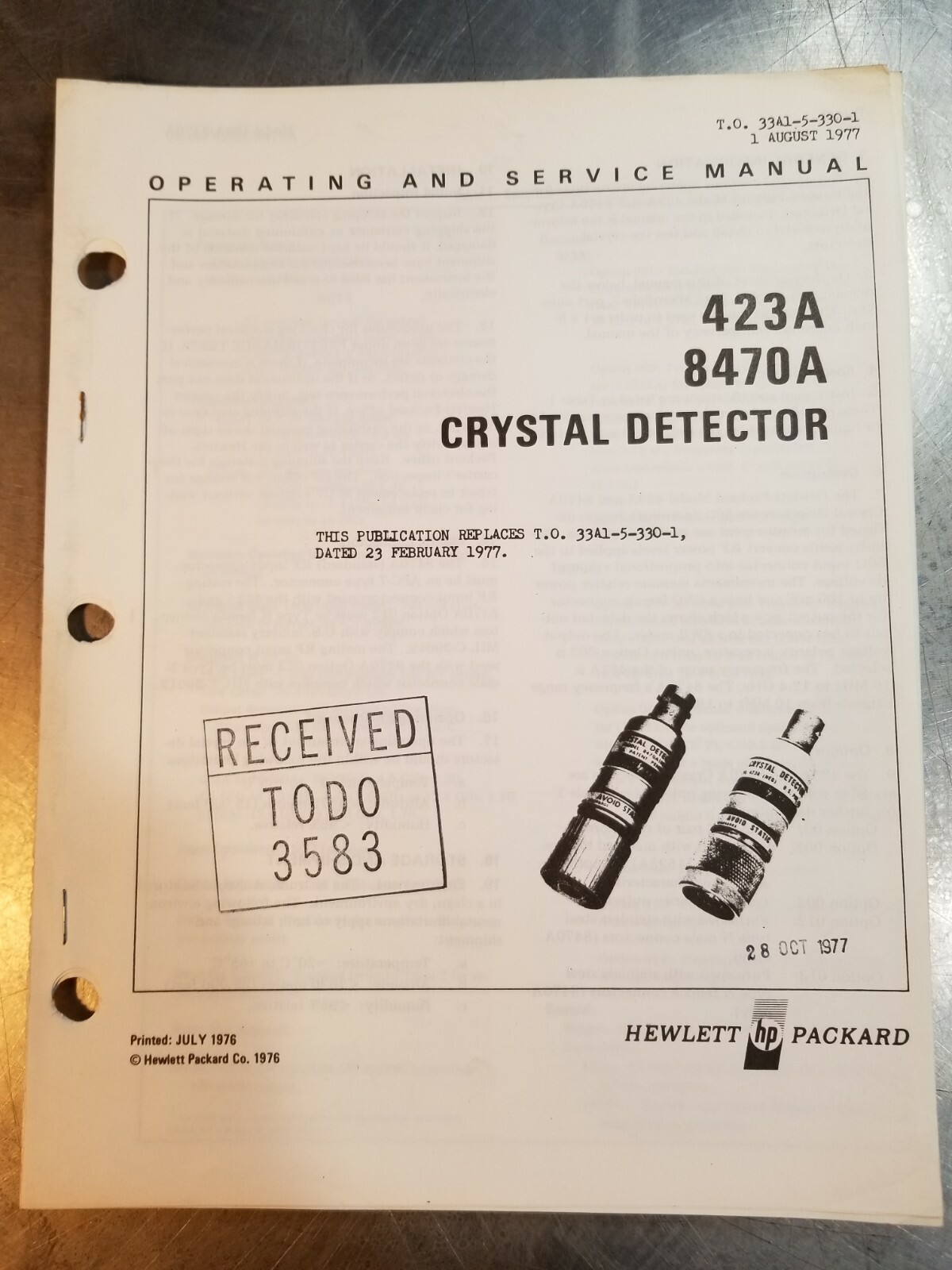 HP 423A 8470A Crystal detector TO 33A1-5-330-1 operating and service manual