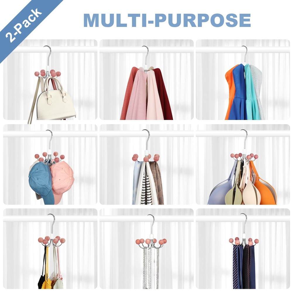 Hoodie Hangers 2-Pack with 6 Balls, 360°Swivel Purse Hanger, Scarf Hanger,1118