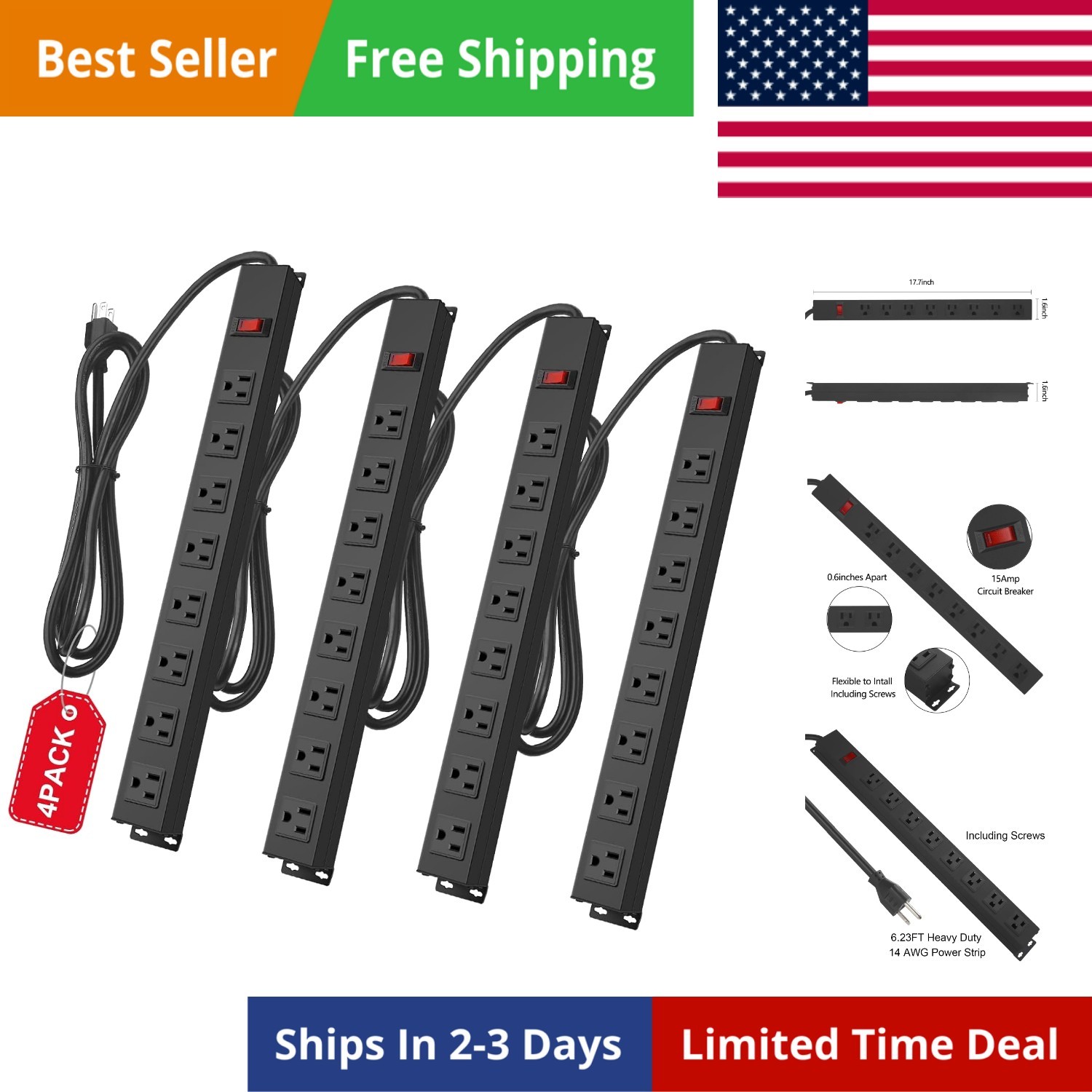 4Pack Metal 8 Outlet Mountable Power Strip, Wall Mount Outlet Heavy Duty, Wid...