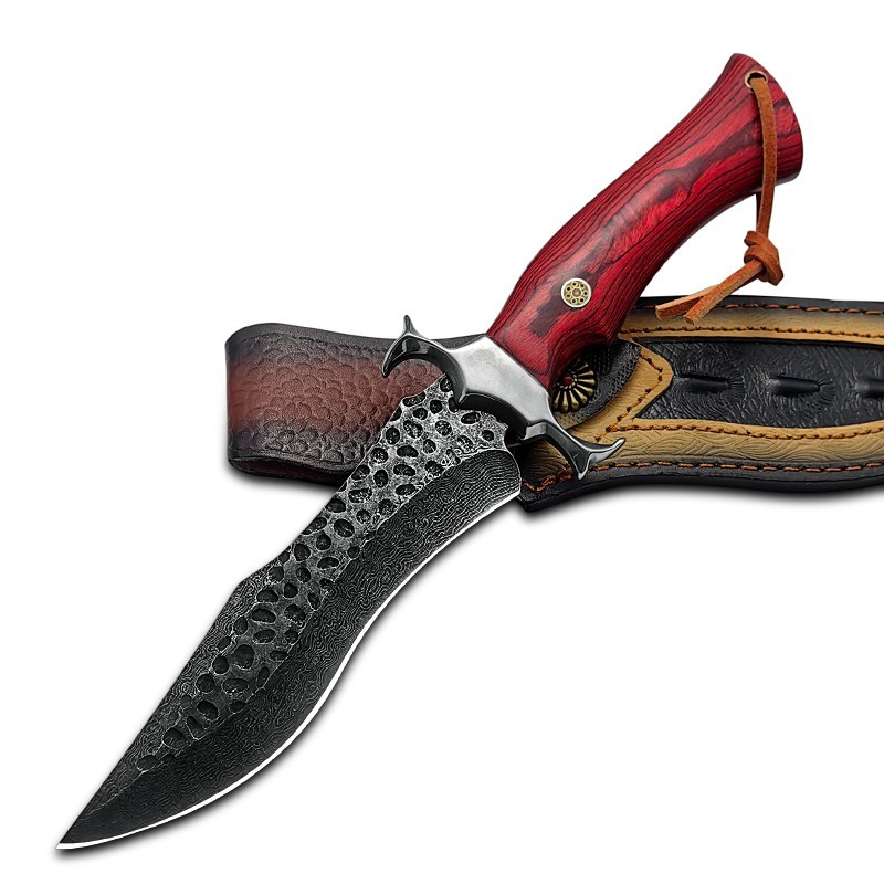 Hand-Forged Damascus pattern hunting knife - Red Wooden handle knife