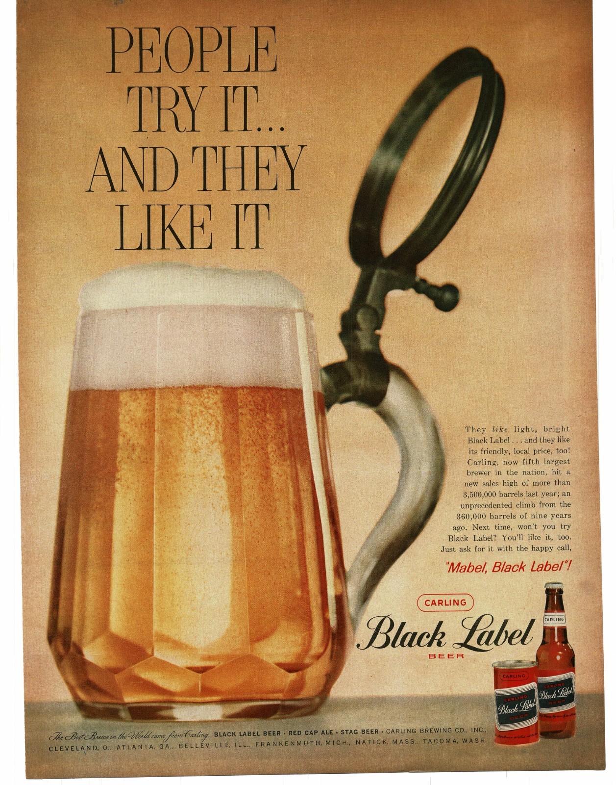 1959 Carling Black Label tall cold glass of beer Vintage Print Ad 6