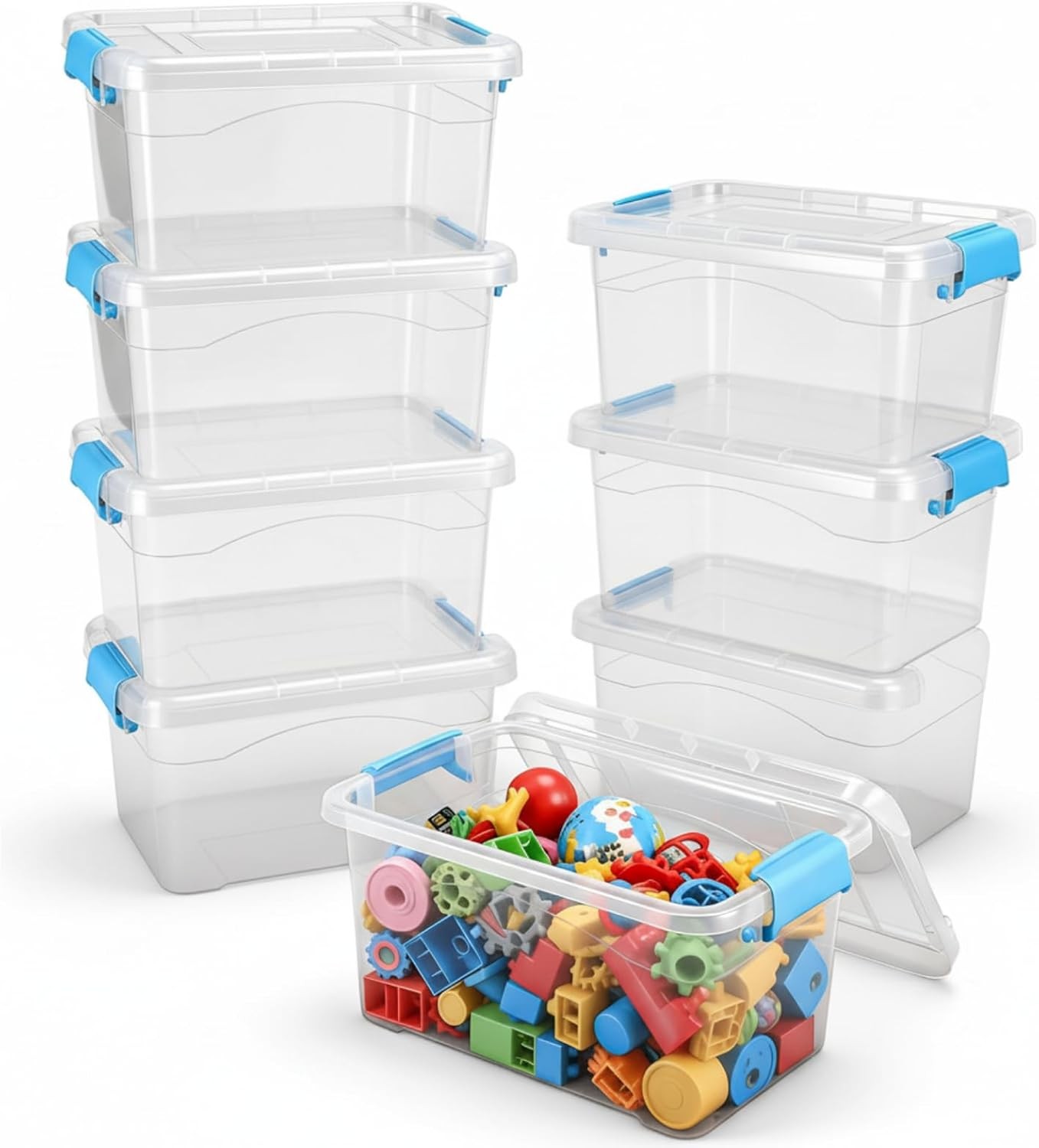 8 Pack Clear Plastic Storage Container Bins with Lids 6.5 Qt with Blue Handles,