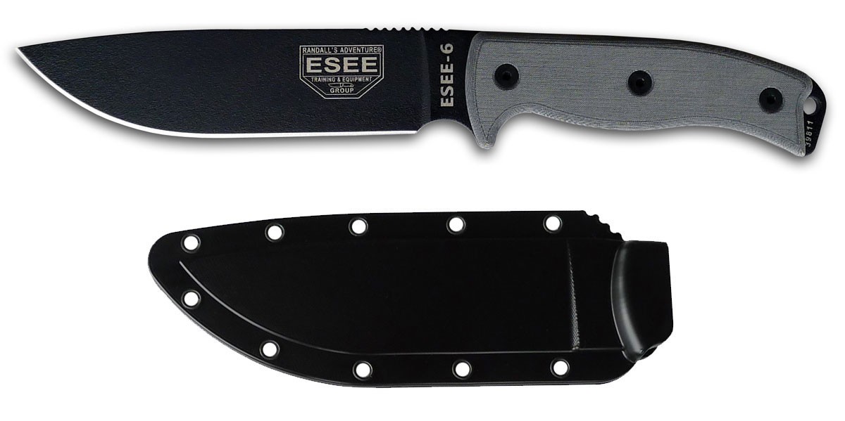 ESEE 6P ESEE 6 Fixed Blade Knife, Black Blade, Plain Edge, Black Molded Sheath