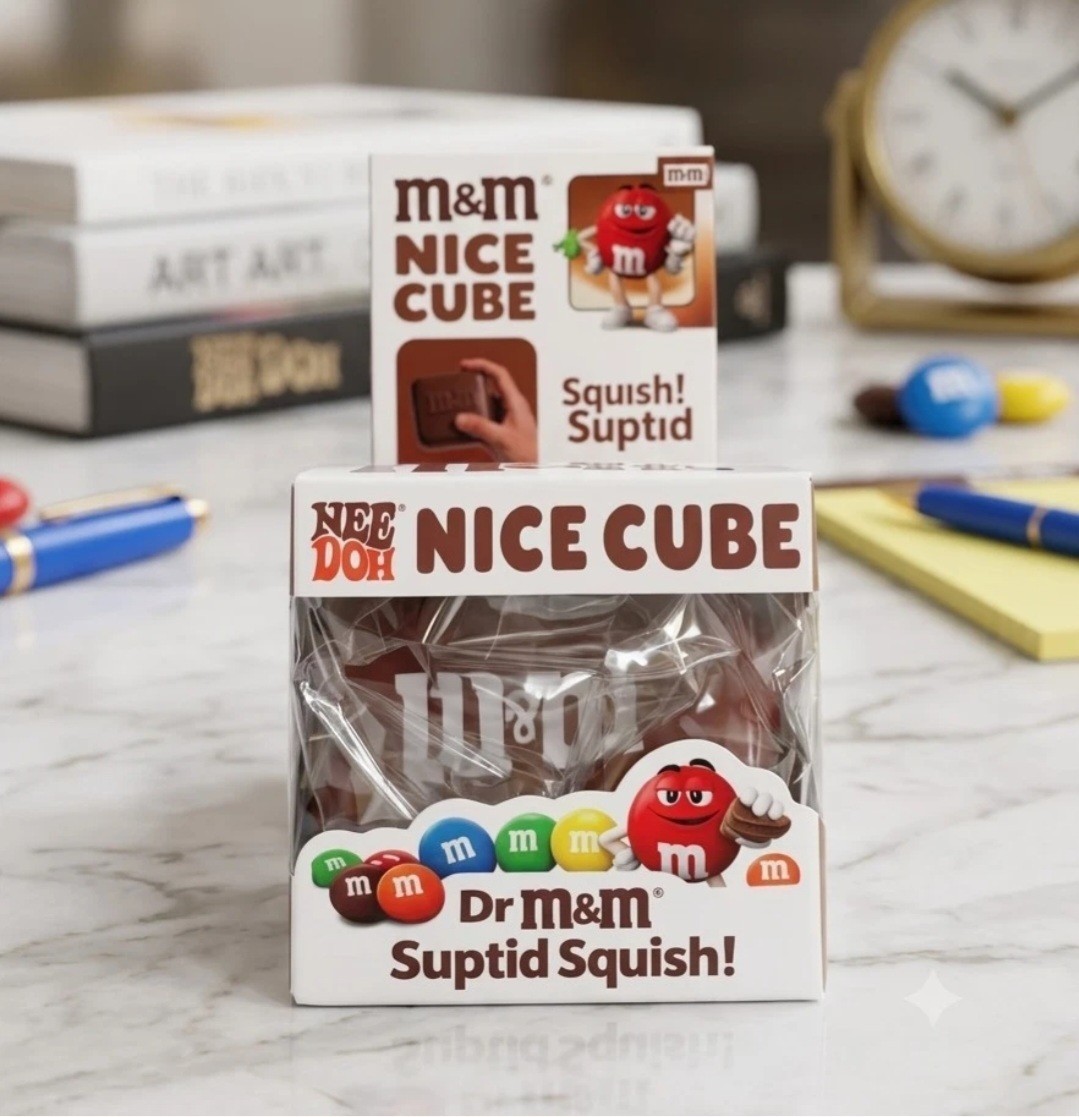 Authentic M&M's Nice Cube Squish Brown Cube Advertising Toy, Squishy & Nut Theme