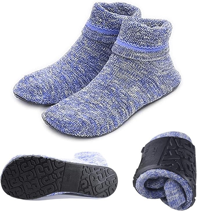 AIYUE Women Non-slip Fuzzy Slipper Socks with Waterproof Soles Large Blue