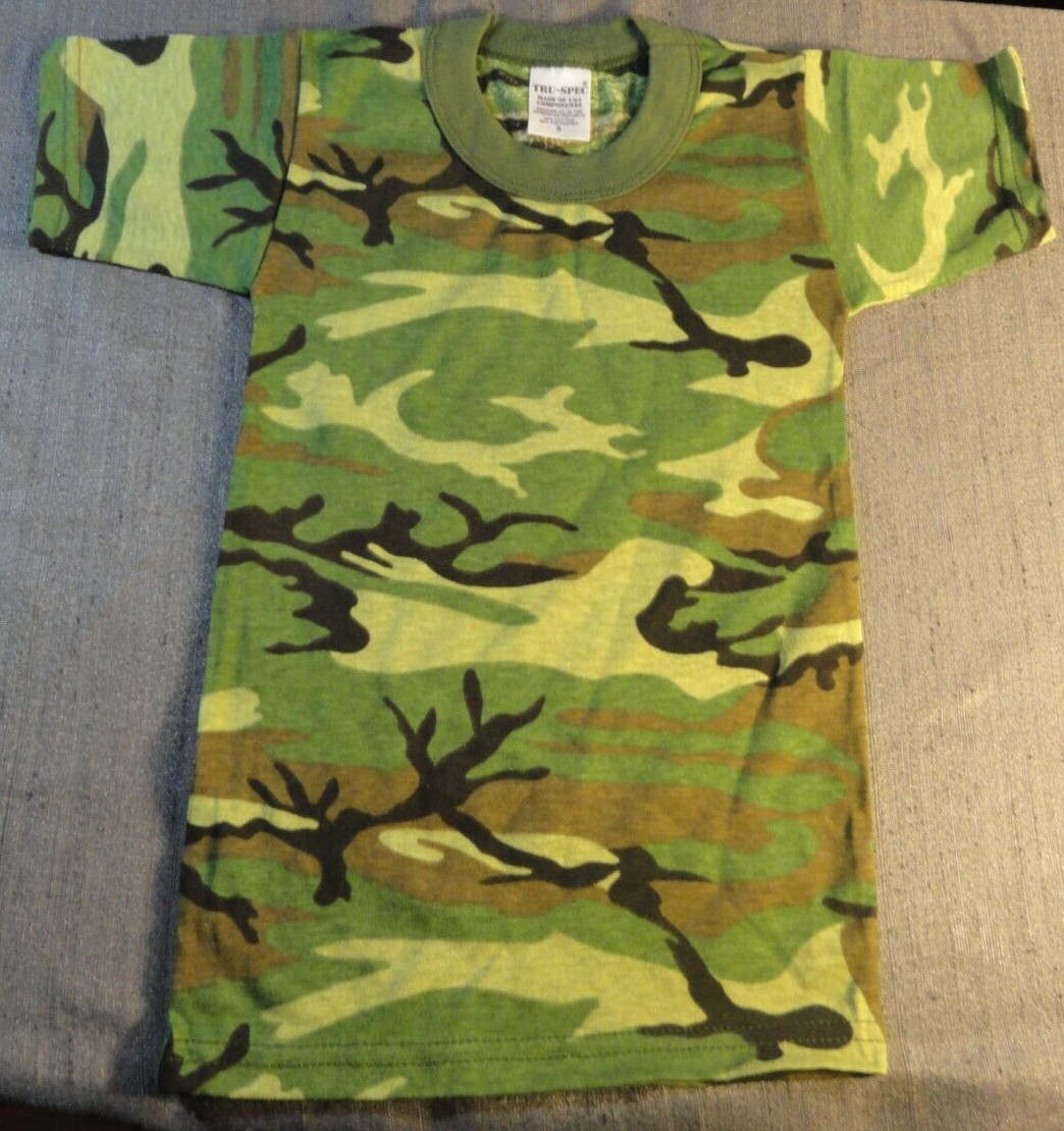 NEW TRU-SPEC BDU WOODLAND CAMOUFLAGE SHORT SLEEVE CREWNECK YOUTH T SHIRT S
