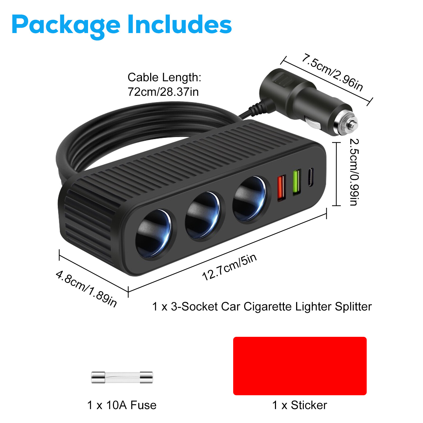 3Way Car Cigarette Lighter Socket Splitter Dual USB PD Charger Power Adapter 12V