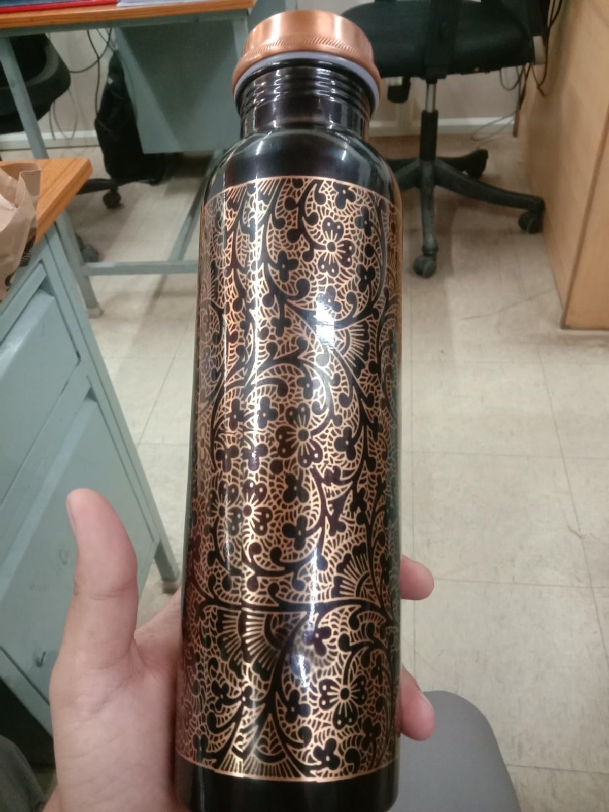 2 Pack 34 Ounce Pure Copper Water Bottle with Printed Tree Bark Design, Ayur...