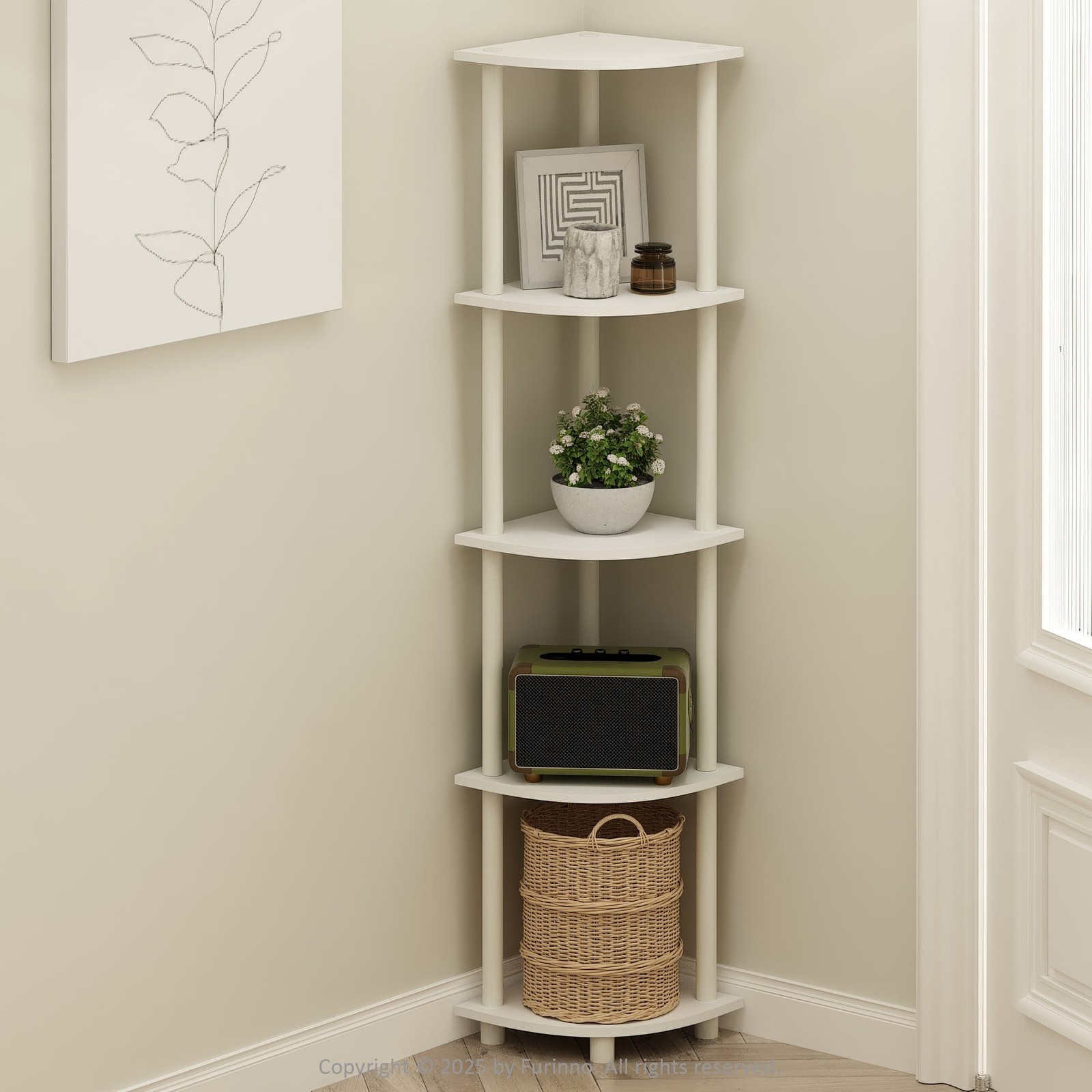 Turn-N-Tube 5 Tier Corner Display Rack Multipurpose Shelving Unit White/White
