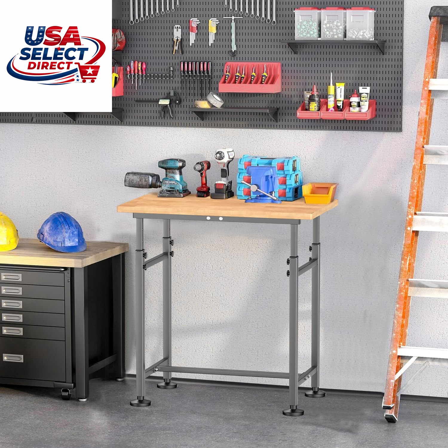 Adjustable Height Workbench for Garage, Heavy Duty Rubber Wood Top