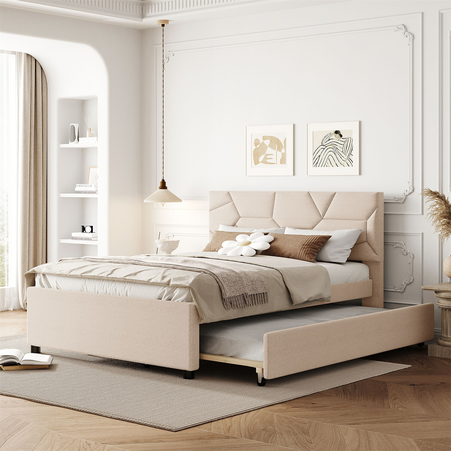 Full/Queen Size Bed Frame Upholstered Platform Bed w/ Headboard Beige/Gray US