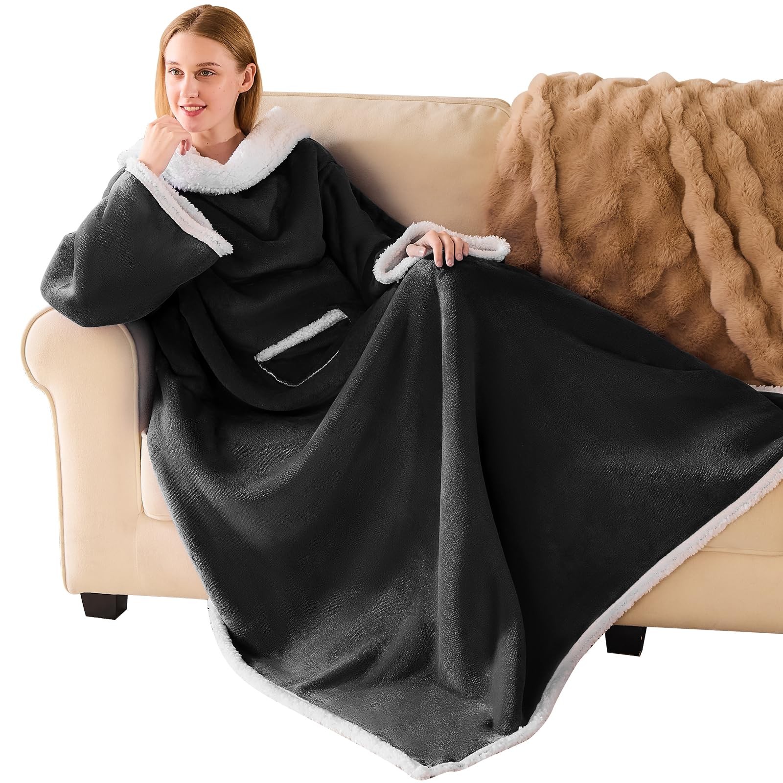 IFNOW Sherpa Wearable Blanket with Sleeves for Women Men One Size, Black
