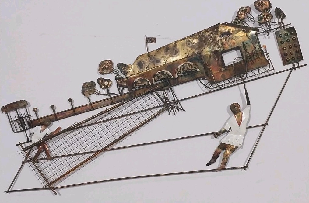 VTG MID CENTURY CURTIS JERE STYLE Wire Hanging Wall Art Tennis Scene In 3D