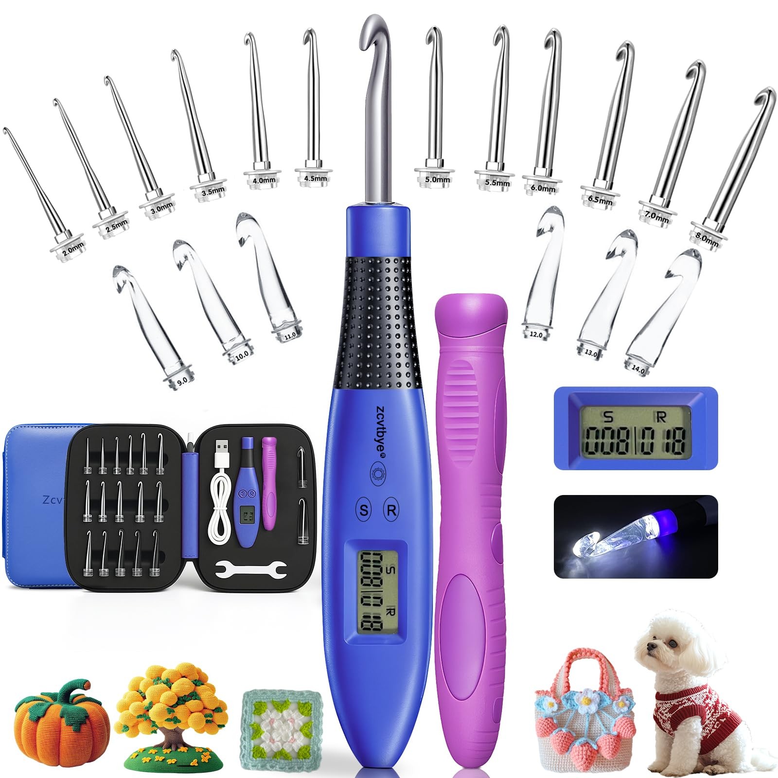 18 Size Counting Crochet Hook for Beginners, Lighted Led Digital Row Stitch C...