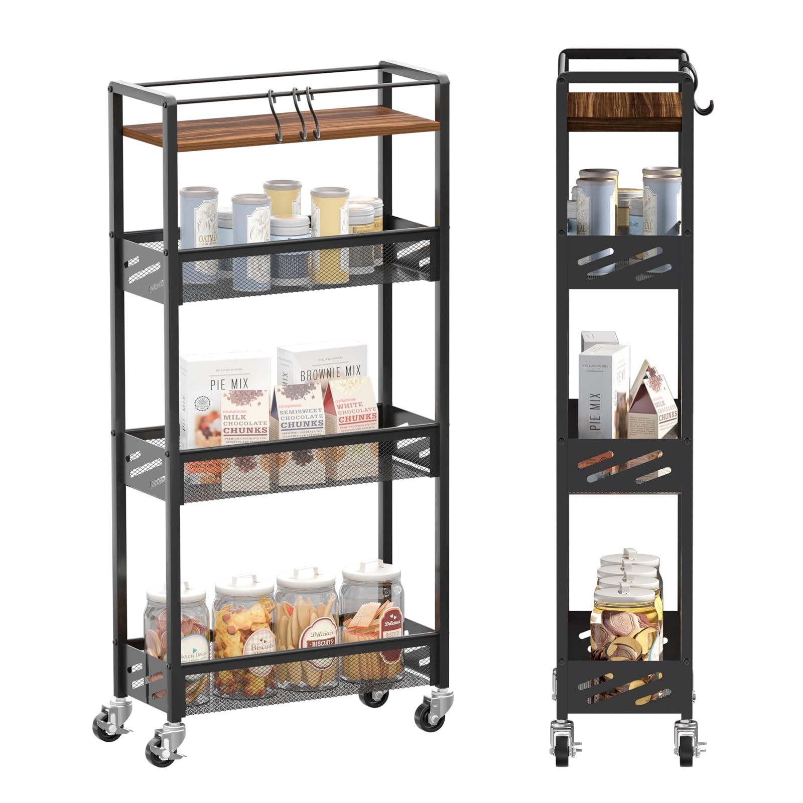 Slim Rolling Storage Cart 4Tier Kitchen Wheels Wooden Tabletop Rustic Brown