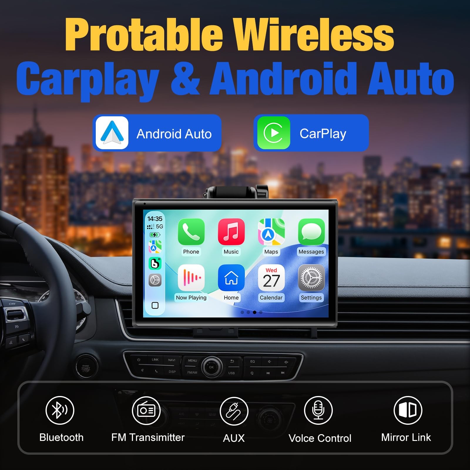 Carplay Screen for Car, 7 inch Wireless Carplay & Android Auto（Black）