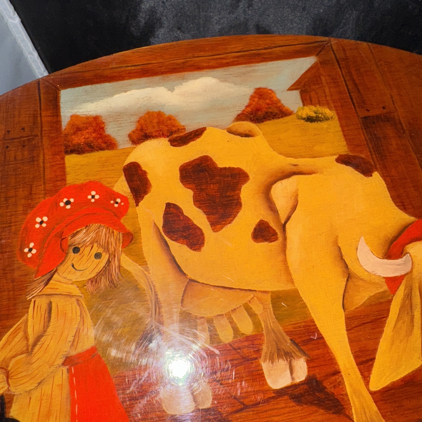 Vntg Hand Painted Milking /Kids Stool, Barn, Girl And a Cow Clear Lacquer (F)