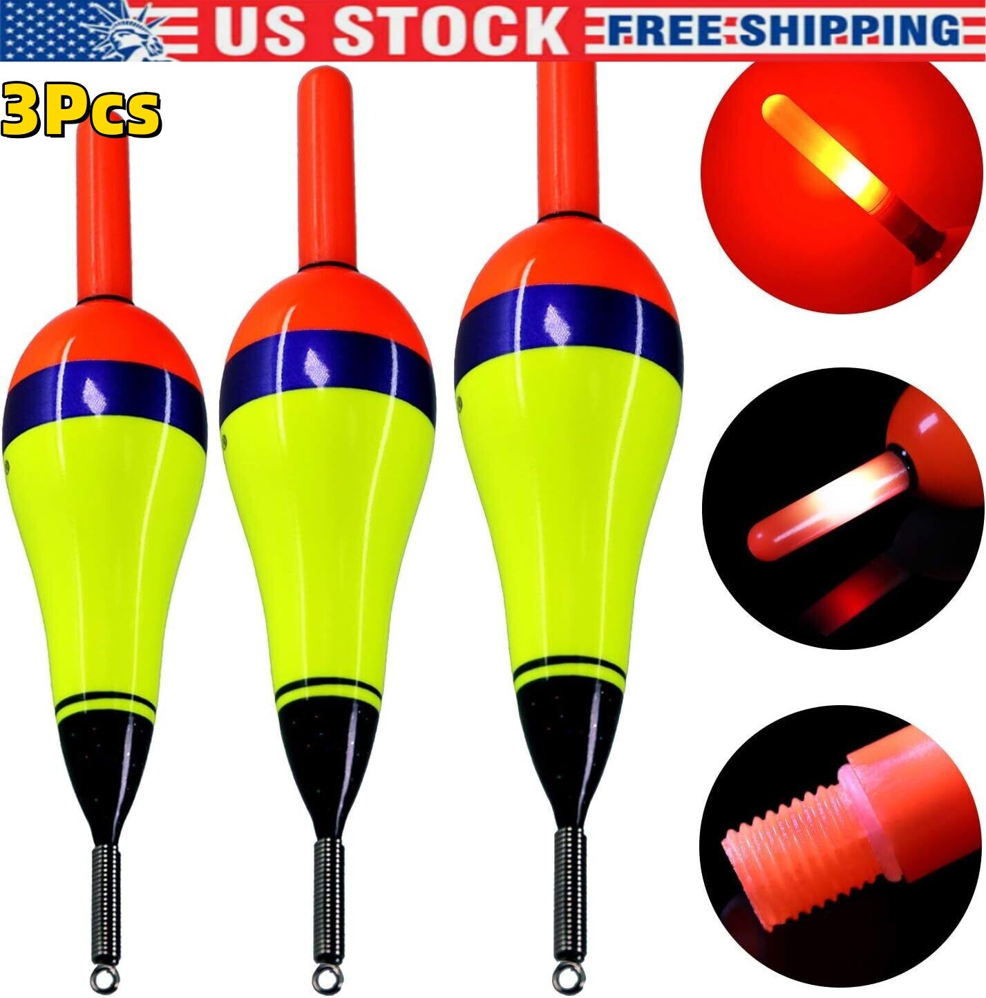 THKFISH 3Pcs Fishing Bobbers Fishing Floats Led Fish Floats Lighted Floats Set