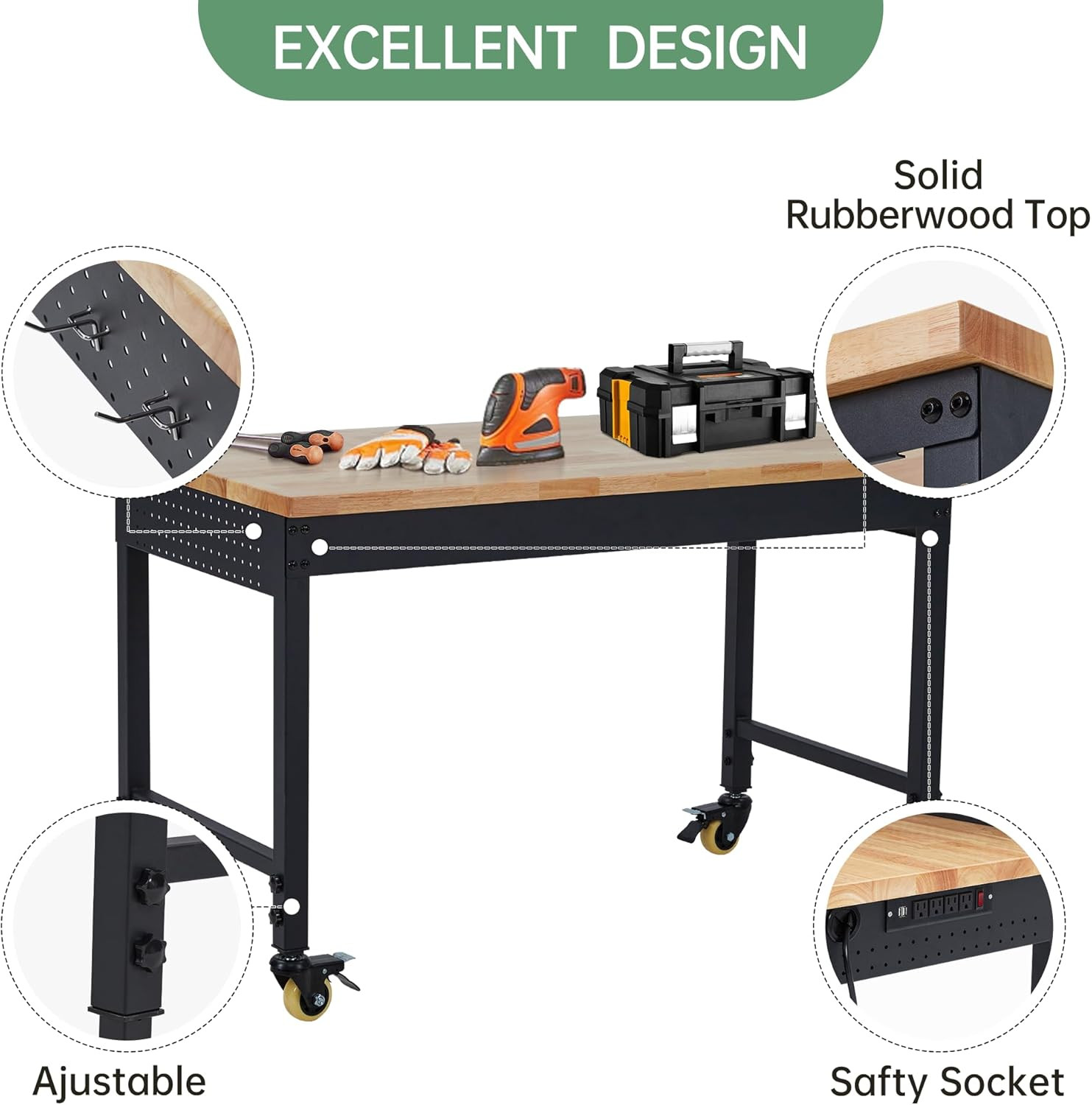 48" Adjustable Height Workbench, Rubber Wood Tabletop Work Table with Wheels, Po