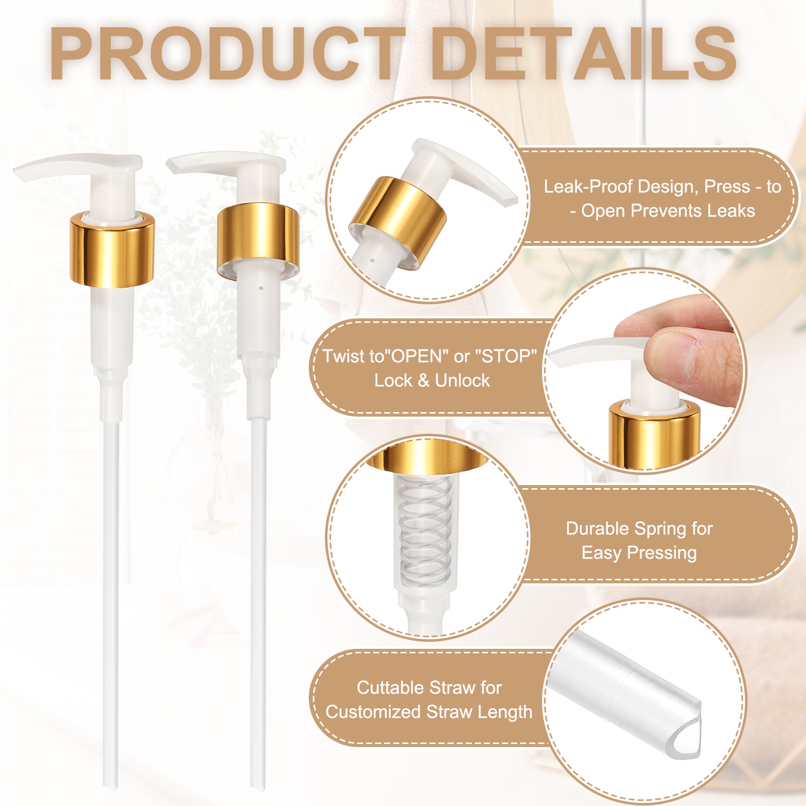 8Pcs Dispensers Top Replacement, Bottle Pump Head for 24/410, Gold White