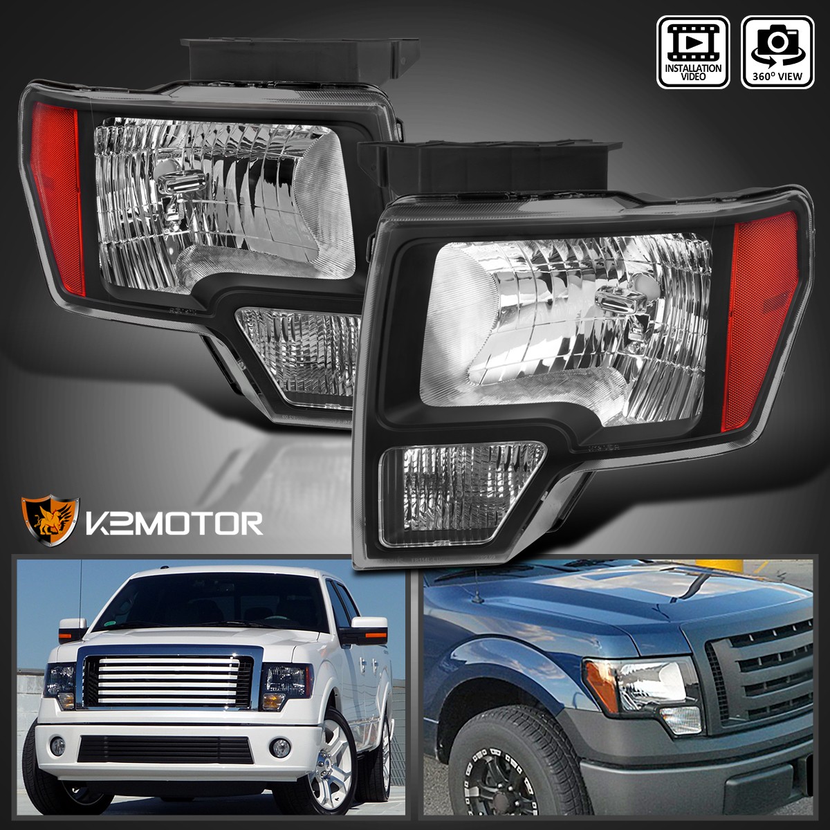 Black Headlights Fits 2009-2014 Ford F150 F-150 Pickup Headlamps Pair Left+Right